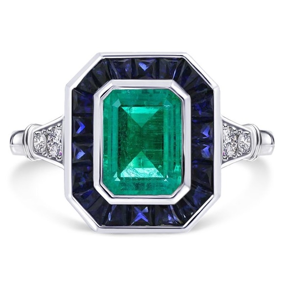 Vintage Emerald Cut Emerald Sapphire Engagement Ring 925 Sterling Silver - Picture 4 of 6